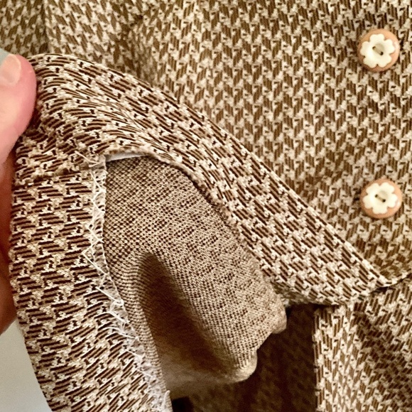 Vintage 1970s Handmade Button down Shirt Mod pleated short sleeve Cream Brown - Picture 4 of 10
